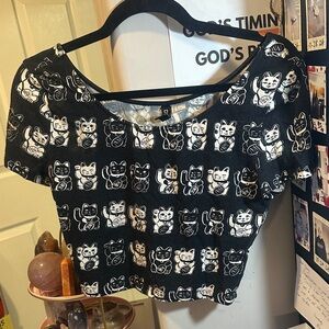 Divided Black and White Lucky Cat Print Crop Top